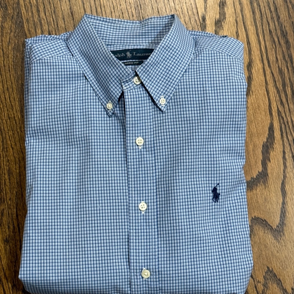 Ralph Lauren Mens Long Sleeve Button Down Dress Shirt Blue and White